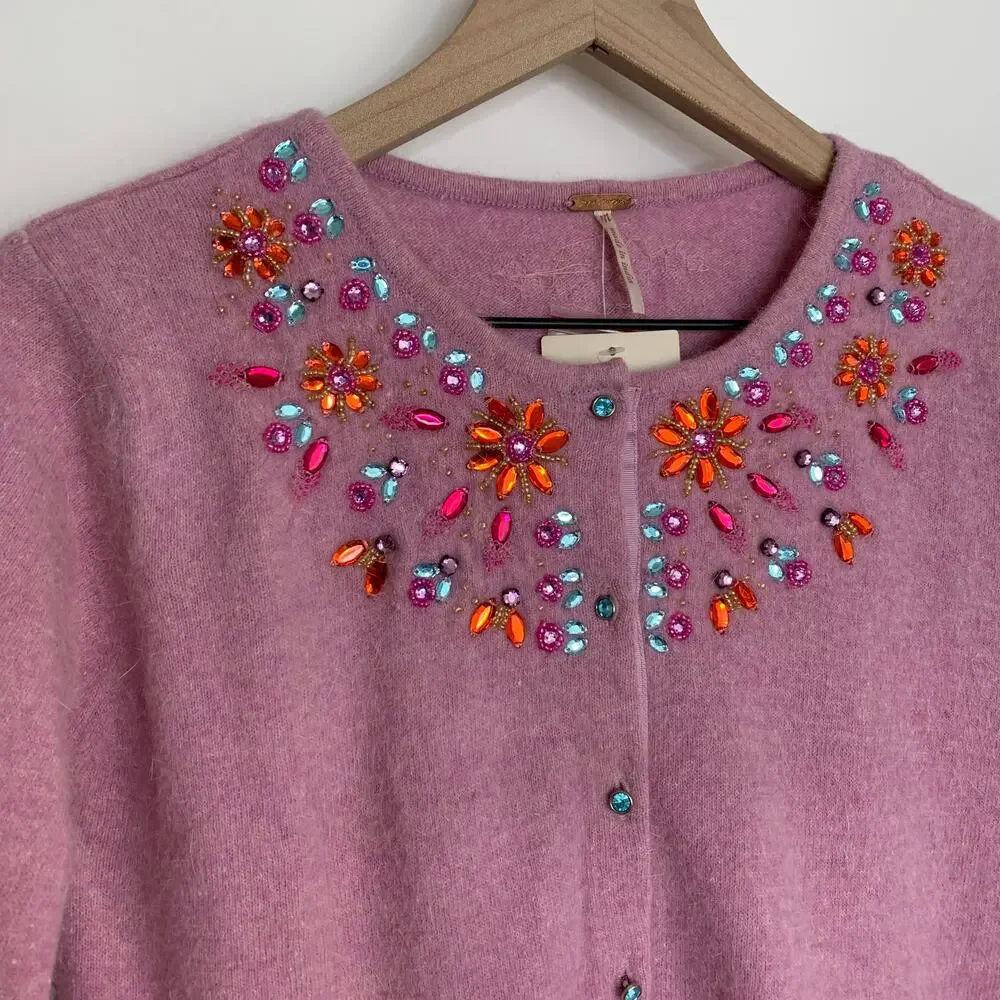 Free People Pink Embroidered Cardigan Sweater Womens Medium New Lilac